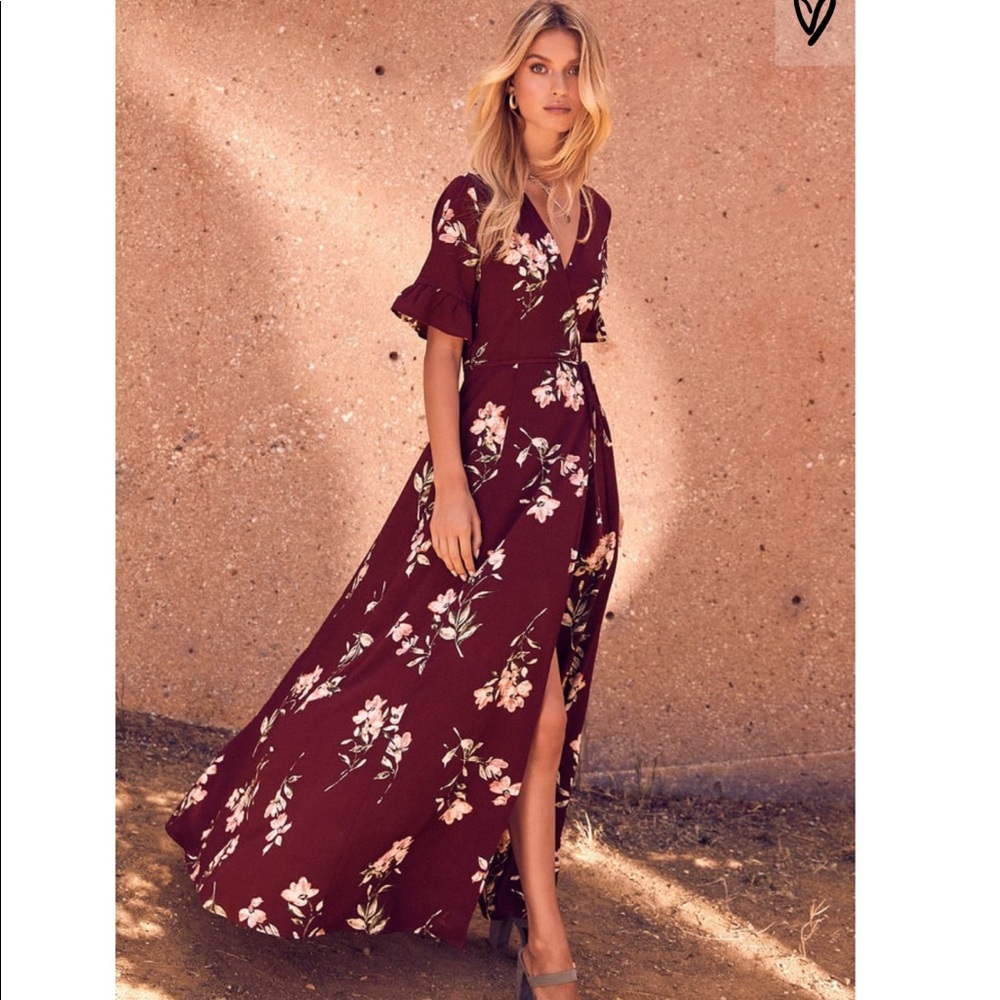 Burgundy Floral Wrap Maxi Dress - Picture 4 of 8
